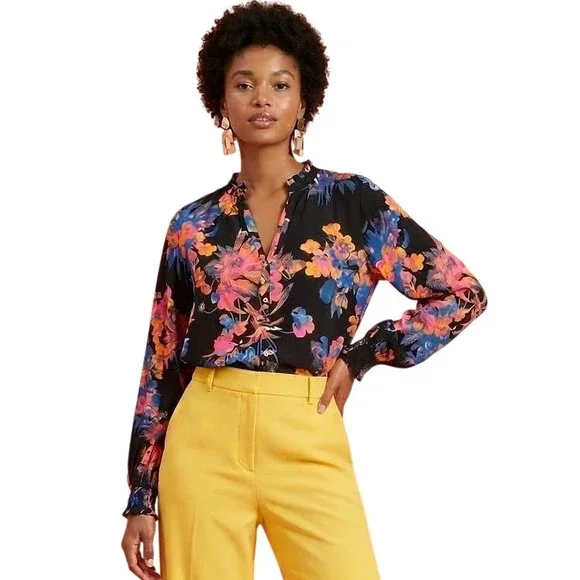 ANTHROPOLOGIE Maeve Colette Peasant Blouse Floral Ruffle Boho Black Small M $108 - Picture 1 of 10